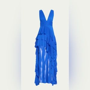 Alice+Olivia Holly Asymmetric Ruffle Maxi Dress